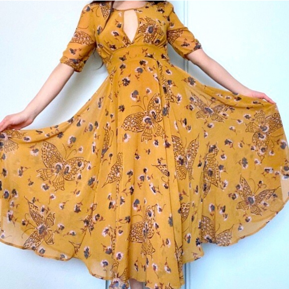 Free People Bonnie Butterfly Mustard Dress